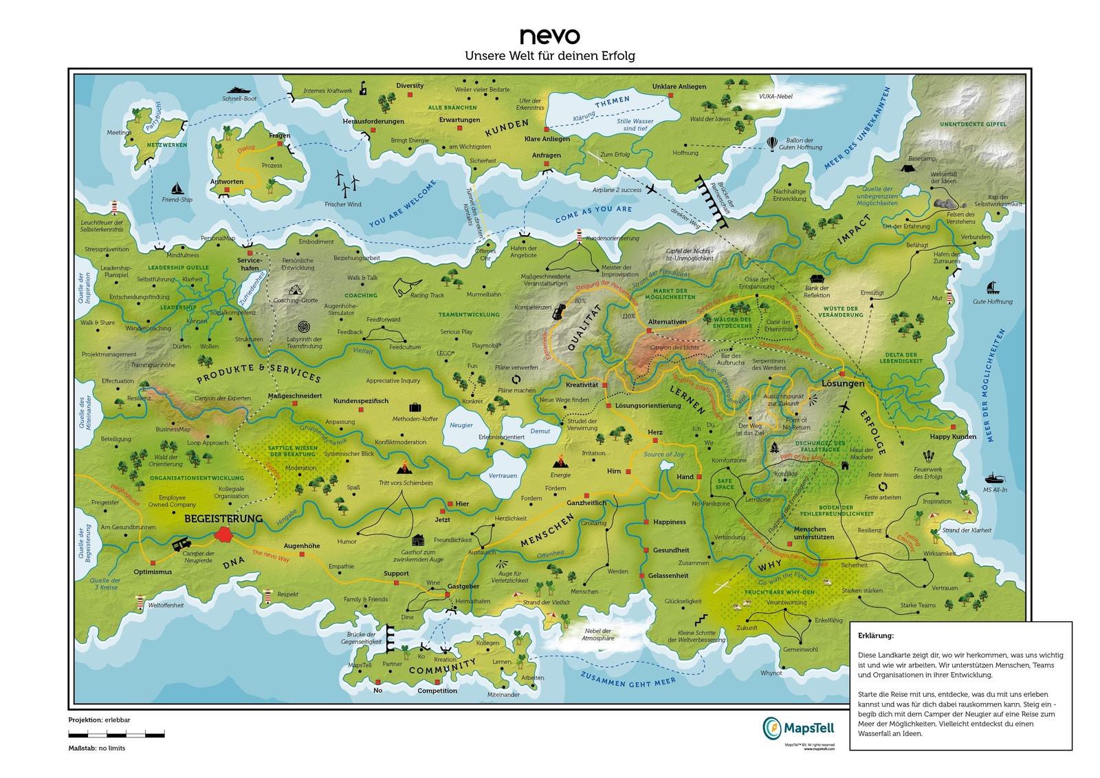 "nevo BusinessMap. Diese Landkarte zeigt, wo wir herkommen, wie wir arbeiten und
                was uns wichtig
                ist. Wir unterstützen Menschen, Teams und Organisationen in Ihrer Entwicklung"